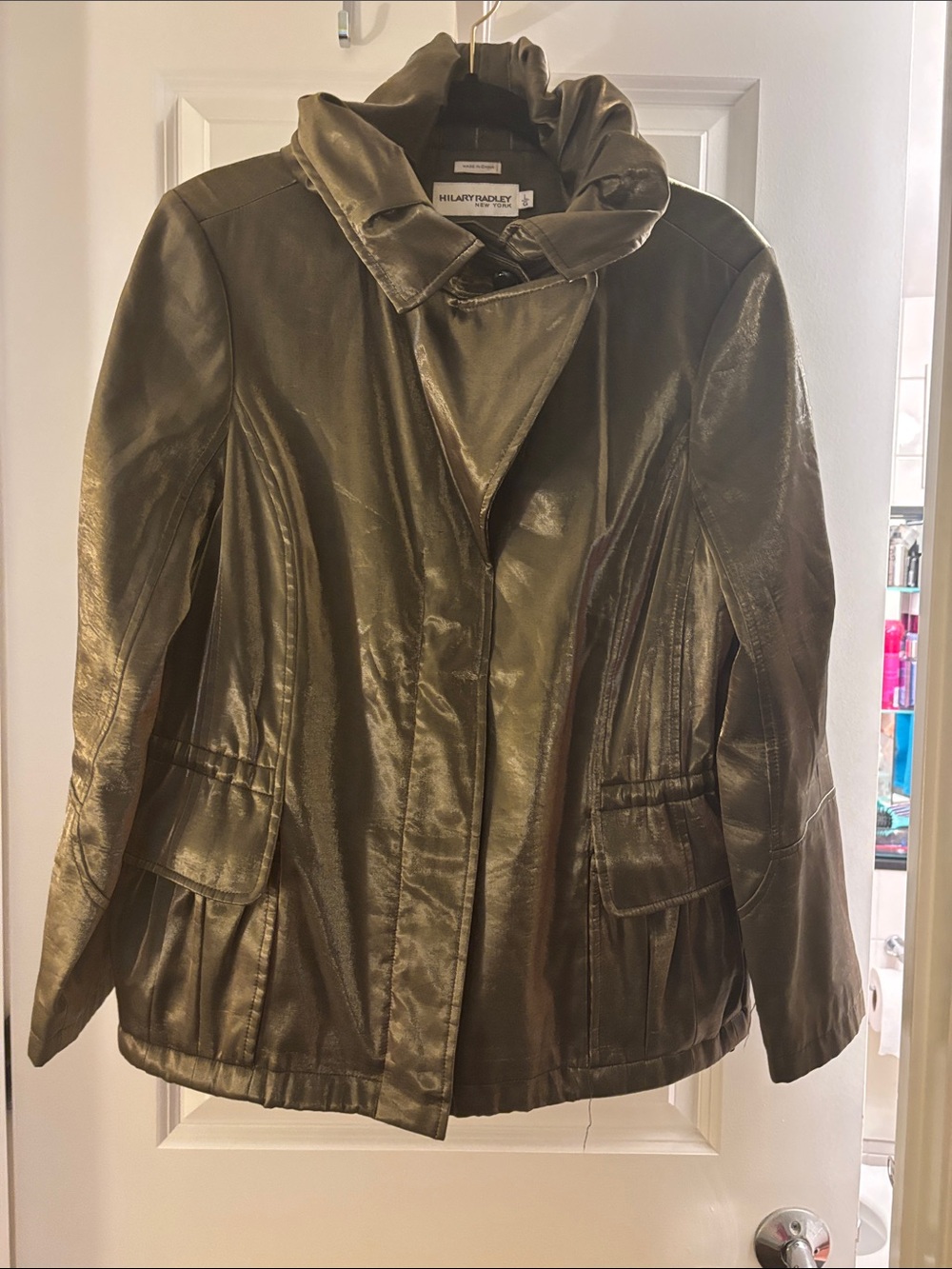 Hilary Radley Metallic Olive Green Leather Jacket